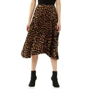 Scoop Pleated Leopard Print Silky Midi Skirt